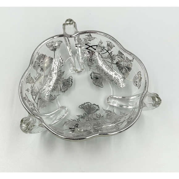 Vintage 50s Silver City Sterling Overlay Poppy Floral Serving Platter Candy Dish - Picture 4 of 13